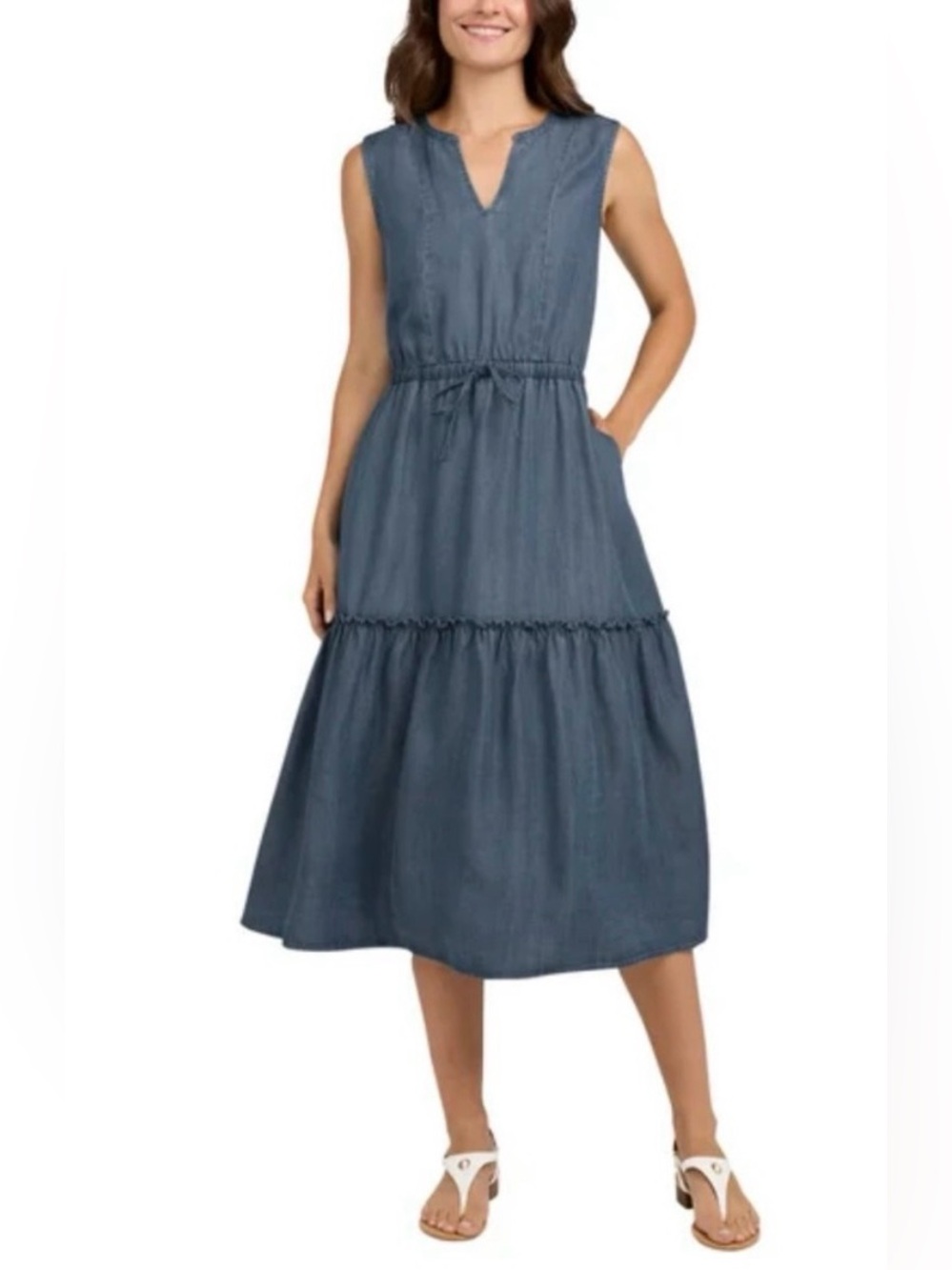 Lands End Sleeveless Blue Tiered Midi Dress | Like New